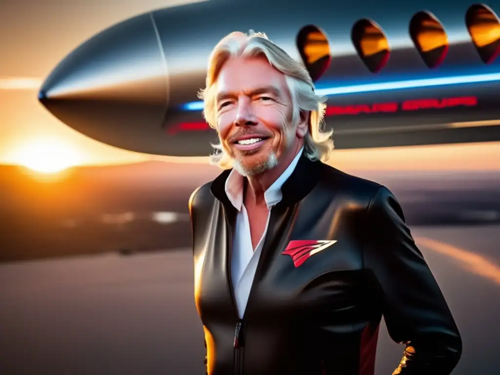 Richard Branson de pie frente a una nave espacial de Virgin Group al atardecer