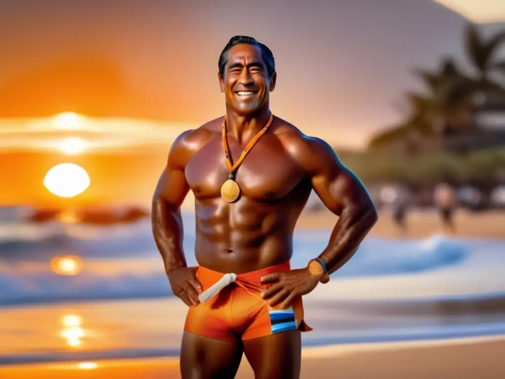 Duke Kahanamoku, leyenda de natación, de pie en la playa al atardecer, irradia fuerza y determinación