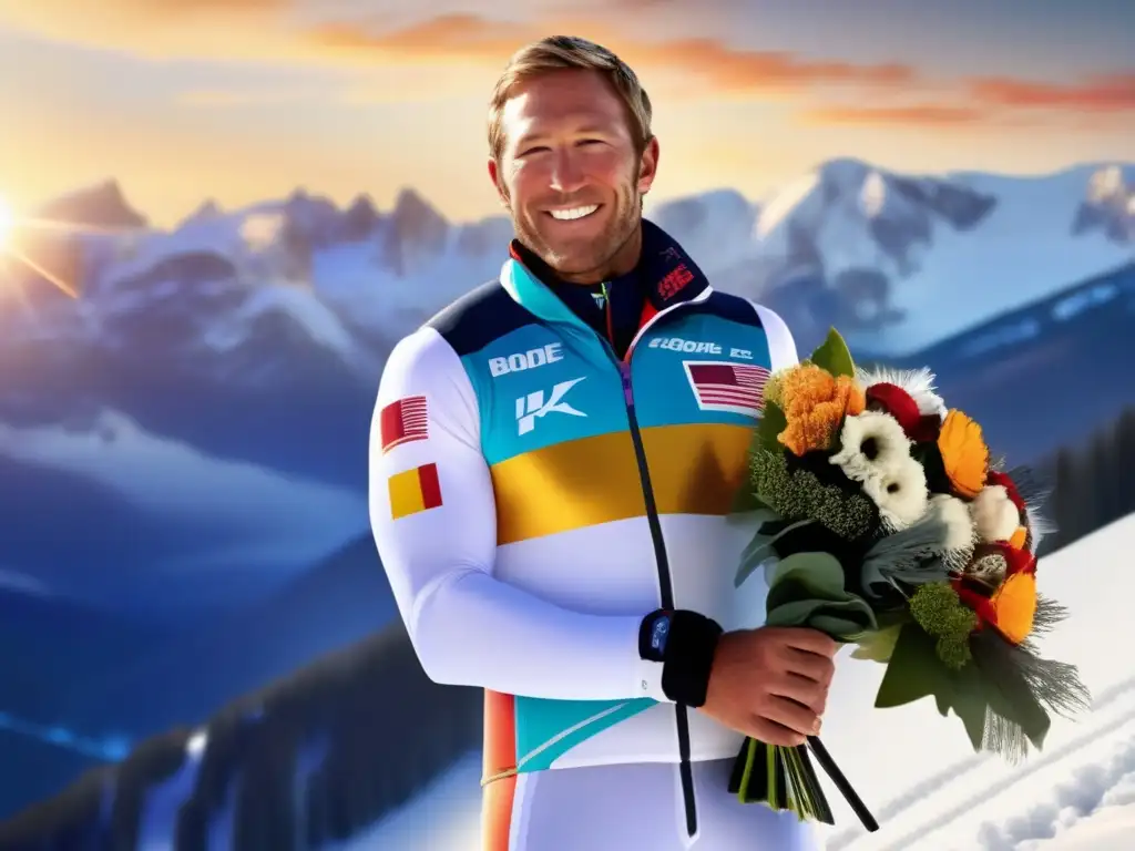 Bode Miller de pie triunfante en el podio con su medalla de oro y un ramo de flores, el sol se pone detrás de él, iluminando las montañas nevadas