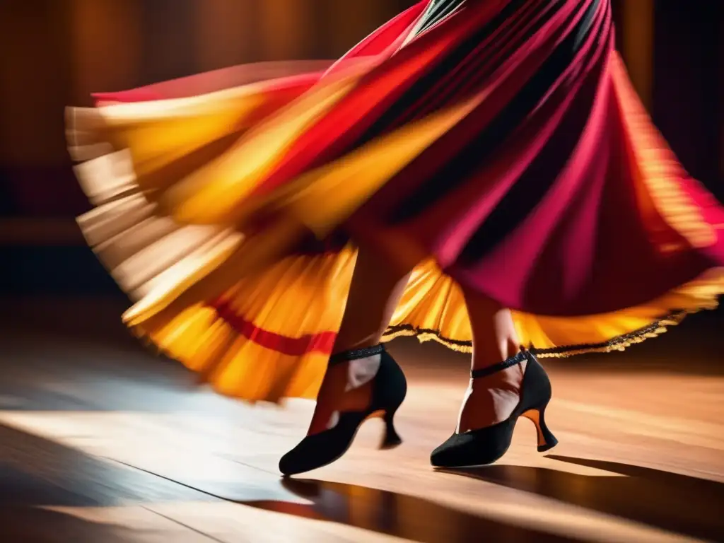 Los pies de una bailaora de flamenco danzan con intensidad sobre el escenario de madera, capturando la pasión y energía vibrante de la actuación