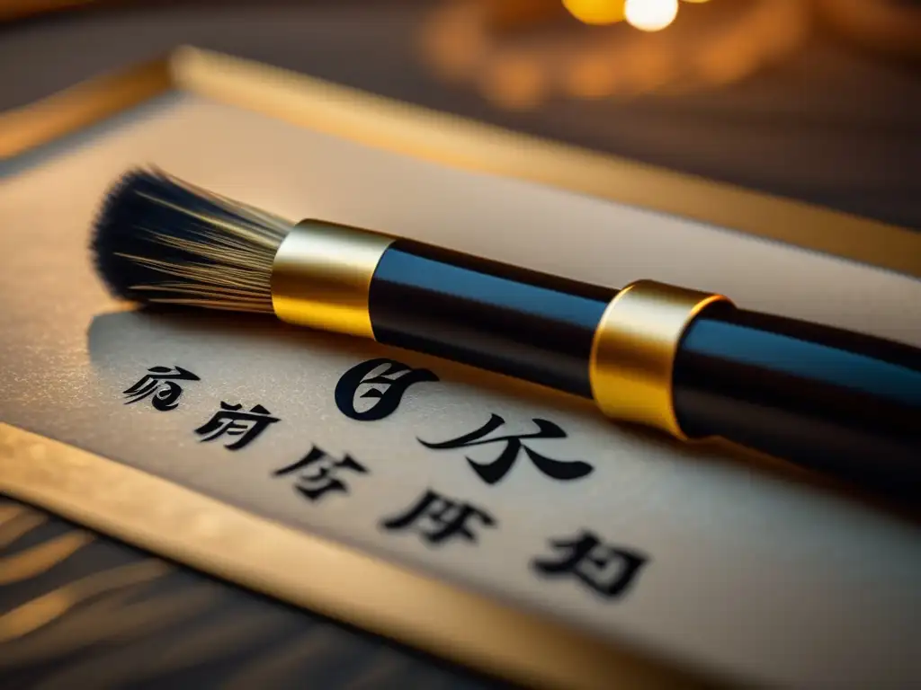 Un pincel de caligrafía chino se destaca sobre papel de arroz, simbolizando la influencia del Confucionismo en el pensamiento oriental