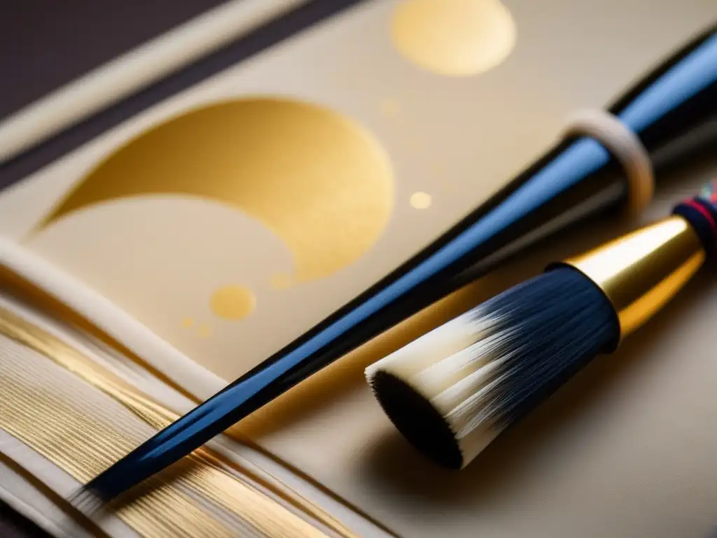 Maestro de caligrafía japonesa: trazos serenos y delicados Un pincel de caligrafía japonés traza caracteres intrincados sobre papel washi, bañado por una cálida luz dorada a través de una pantalla shoji