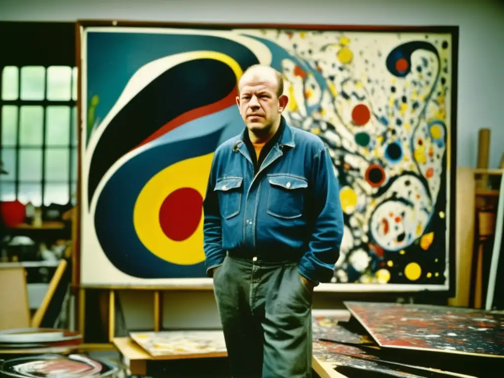 En la biografía de Jackson Pollock pintor, el artista se concentra en su estudio, frente a una de sus icónicas pinturas salpicadas