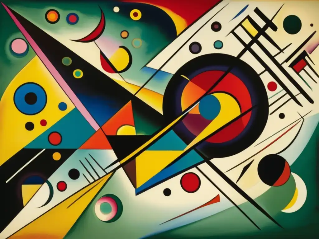 Una pintura abstracta de Wassily Kandinsky, con formas geométricas vibrantes y colores contrastantes que evocan movimiento y emoción