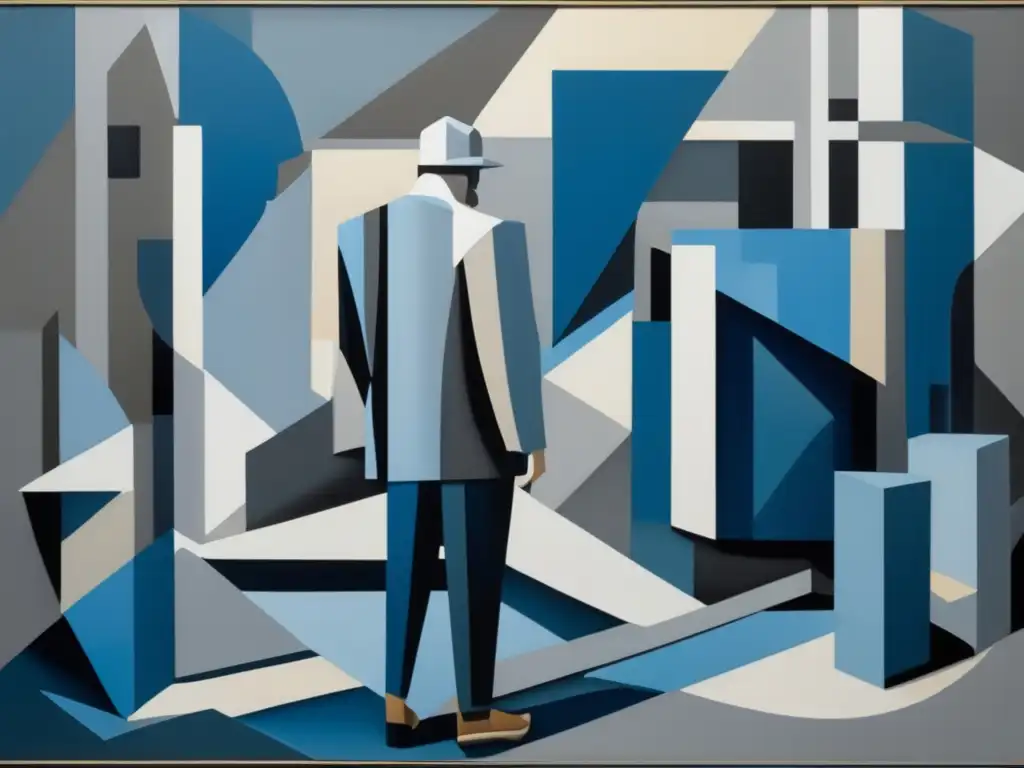 Una pintura abstracta en tonos grises, azules y blancos que evoca la complejidad y desconstrucción