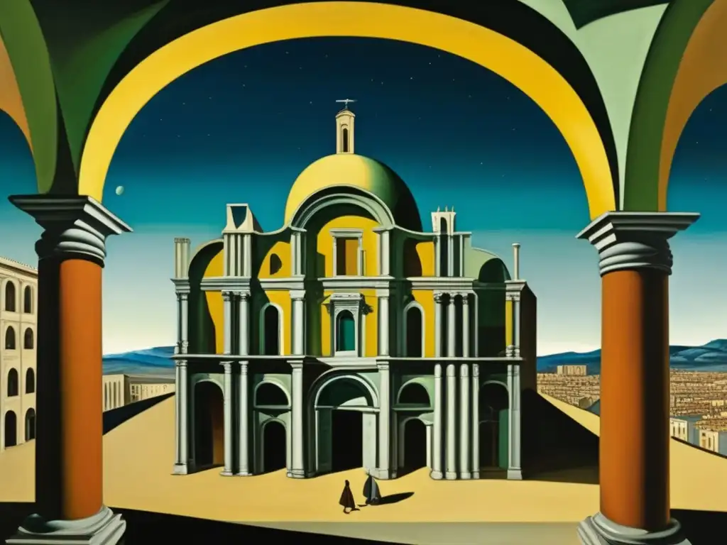Una pintura metafísica de Giorgio de Chirico, con arcos imponentes, sombras alargadas y piazzas vacías, crea una atmósfera enigmática y surrealista