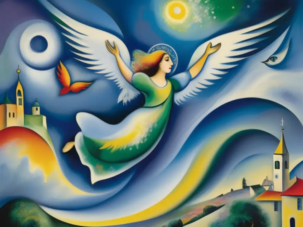 La pintura 'El Ángel Caído' de Marc Chagall, una visión del siglo XX, muestra un ángel en caída libre en un escenario surrealista y vibrante