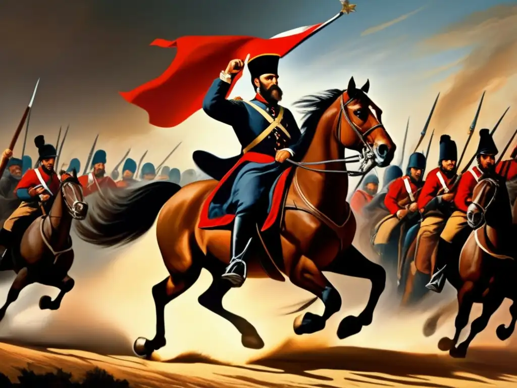 La pintura detalla a Giuseppe Garibaldi liderando una carga a caballo, con la bandera italiana ondeando detrás de él