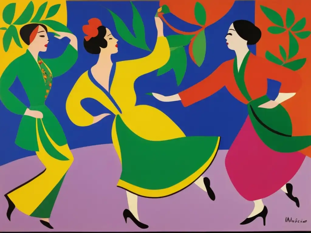 Una fotografía de alta resolución de la pintura 'La Danza' de Henri Matisse, exhibiendo el vibrante y audaz uso del color, con detalles intrincados de las figuras y el movimiento dinámico capturado en la composición