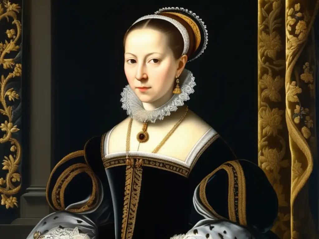 Una pintura detallada de Sofonisba Anguissola, destacando su elegante vestido de terciopelo y su expresión serena y poderosa