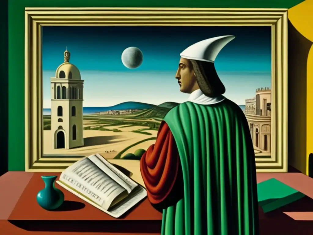 Una pintura metafísica de Giorgio de Chirico, detallada y enigmática, con colores vibrantes y elementos arquitectónicos surrealistas