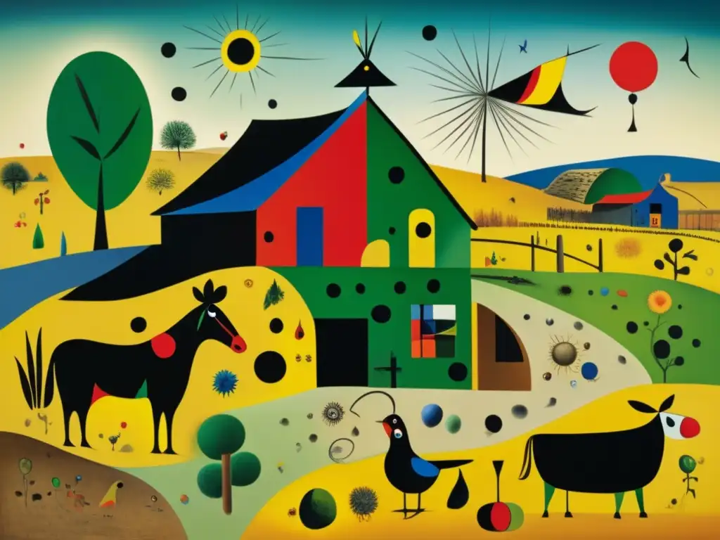 Una pintura detallada de 'La Granja' de Joan Miró, con colores vibrantes y formas abstractas, reflejando su estilo único