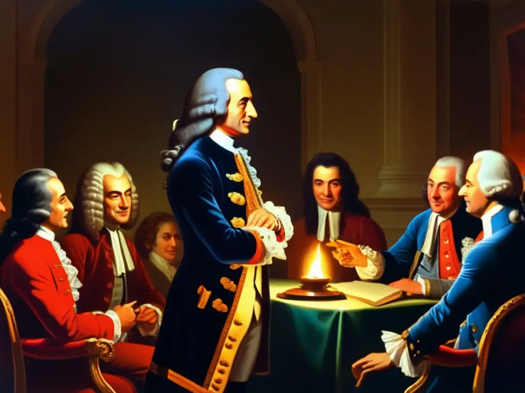 Una pintura detallada muestra a Voltaire debatiendo apasionadamente con revolucionarios americanos en una habitación llena de libros