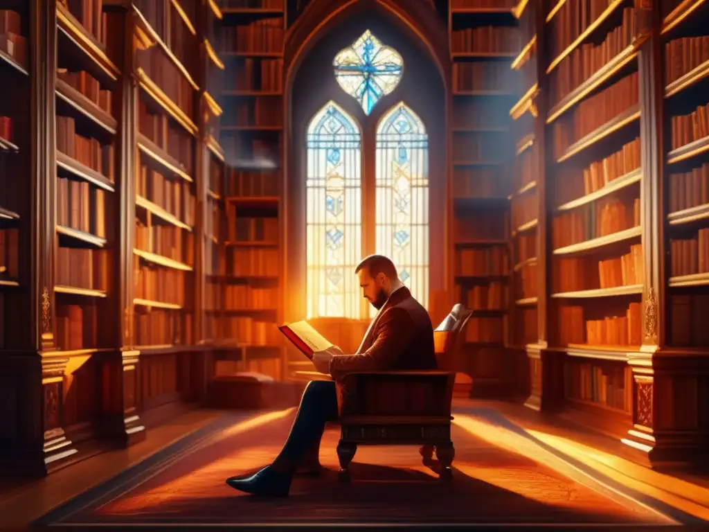 En la pintura digital, Vladimir Solovyov contempla un antiguo libro en una biblioteca iluminada por cálida luz dorada