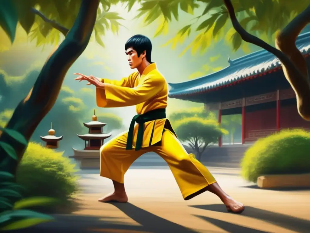 Pintura digital de Bruce Lee practicando artes marciales en un patio chino, mostrando su influencia en las artes marciales