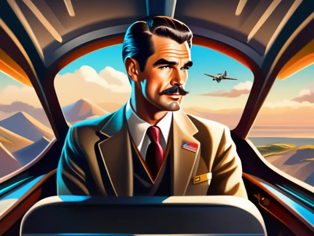 En la pintura digital de alta resolución, Howard Hughes se sienta en la cabina de un avión vintage, con uniforme de piloto, mirando determinado hacia el horizonte