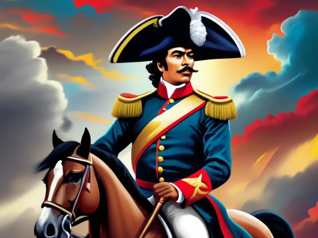 Simón Bolívar biografía completa: Pintura digital de Bolívar liderando una carga a caballo, con expresión decidida y fondo de nubes dramáticas