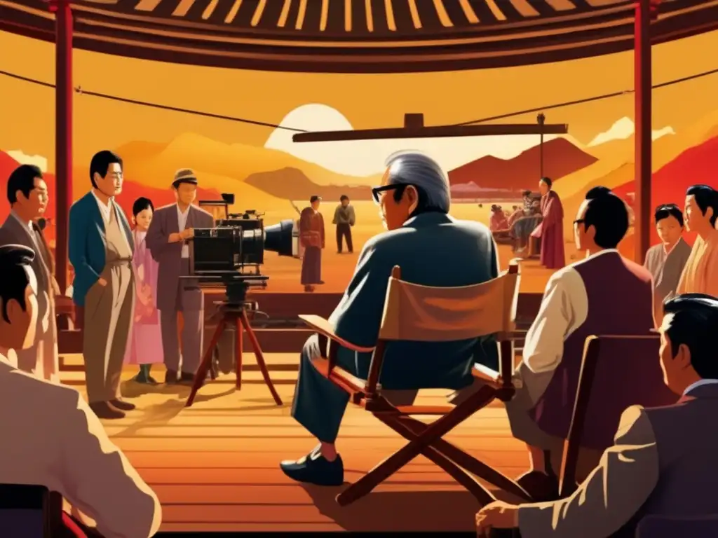 En una pintura digital, Akira Kurosawa dirige una clásica película japonesa, rodeado de un bullicioso equipo en un cálido y dorado set