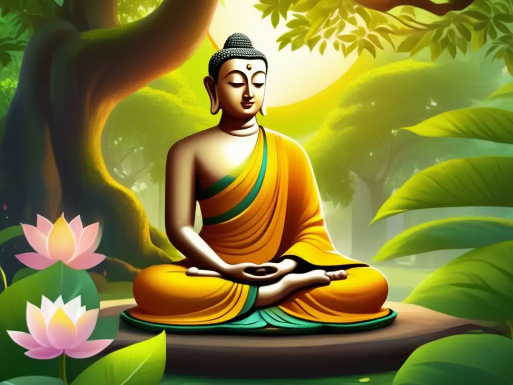 Sereno Siddharta Gautama medita bajo un árbol Bodhi En la pintura digital detallada, Siddharta Gautama medita bajo un árbol Bodhi en un exuberante jardín, rodeado de naturaleza serena y flores de loto