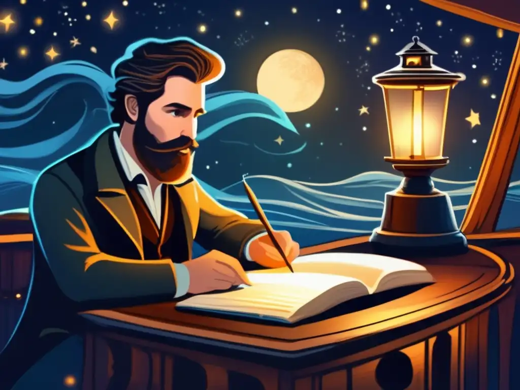 En la pintura digital detallada, Herman Melville escribe en un diario a bordo de un barco ballenero, iluminado por una linterna