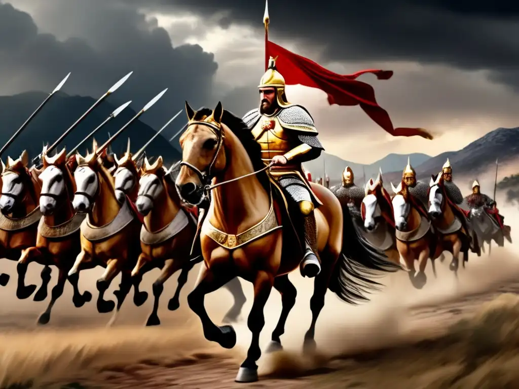 Una pintura digital detallada de Felipe II de Macedonia liderando su ejército hacia la batalla, con determinación en sus ojos
