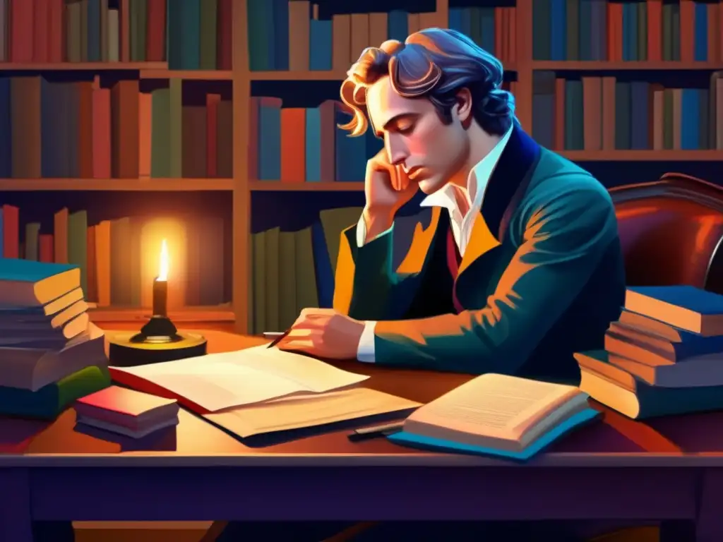 En la pintura digital detallada, John Keats reflexiona en su escritorio, rodeado de libros y papeles