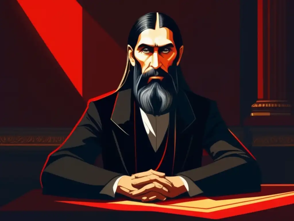 Una pintura digital detallada de Rasputín en una habitación tenue, rodeado de sombras y misterio