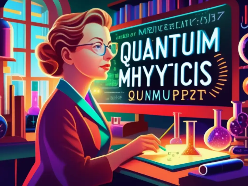 Una pintura digital detallada de María Goeppert Mayer en un laboratorio, inmersa en su investigación de física cuántica