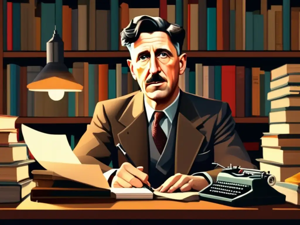 Una pintura digital detallada y moderna de George Orwell escribiendo en una máquina de escribir, rodeado de libros y papeles