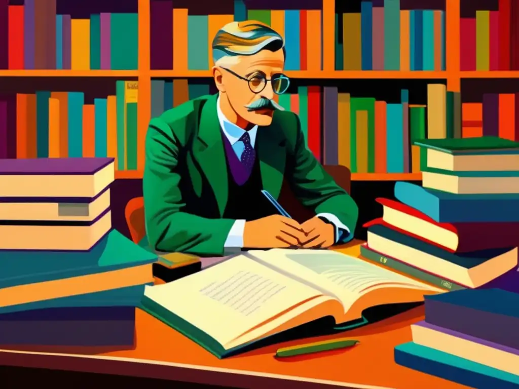 Una pintura digital detallada y moderna muestra a James Joyce en su escritorio, rodeado de libros y papeles