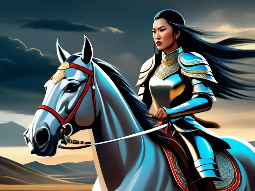 Una pintura digital detallada de la Princesa Khutulun guerrera mongol, montando a caballo y empuñando una reluciente lanza de plata