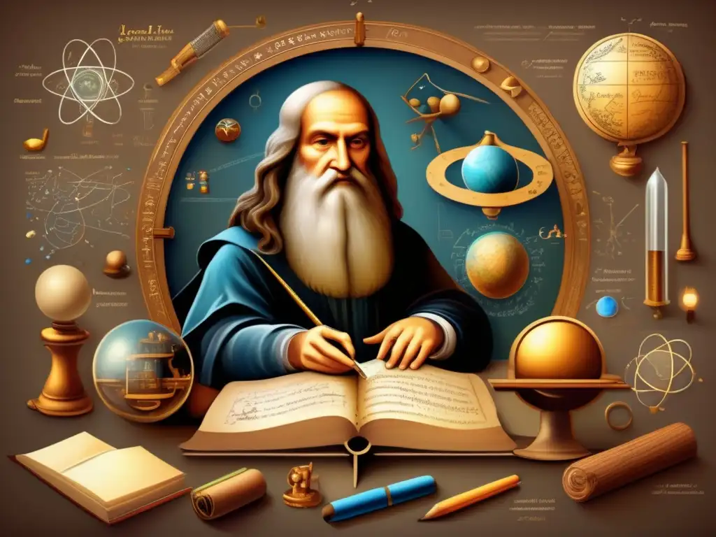 Una pintura digital detallada de Leonardo da Vinci rodeado de sus inventos científicos y artísticos, con sus bocetos y notas visibles