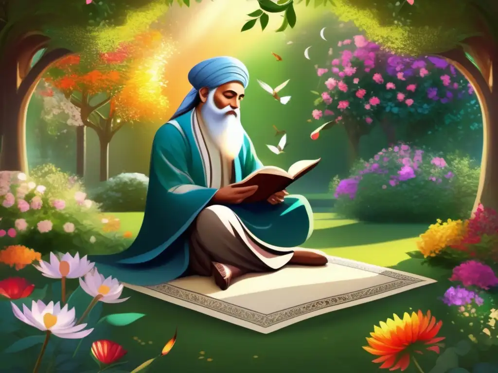 Una pintura digital detallada de Rumi en un jardín tranquilo rodeado de flores vibrantes y exuberante vegetación