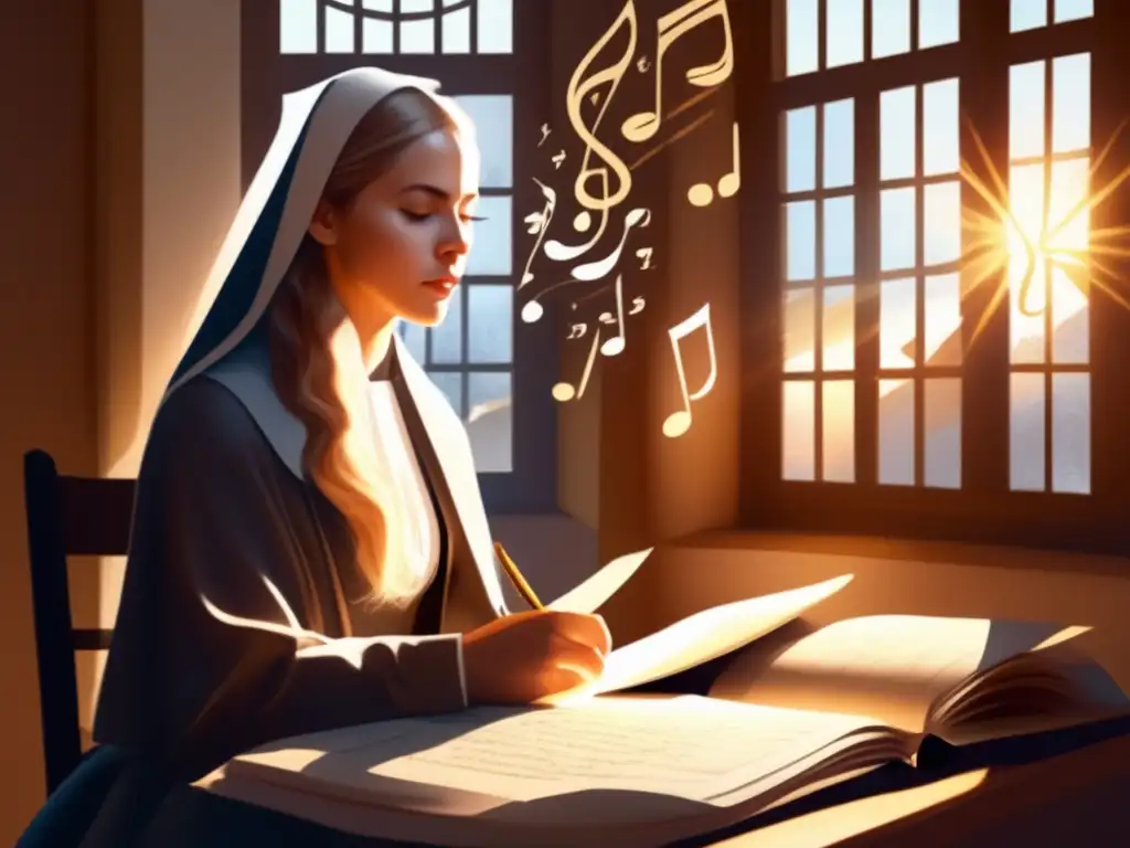 En la pintura digital, Elisabeth of the Trinity escribe poesía en una habitación iluminada por el sol, rodeada de notas musicales