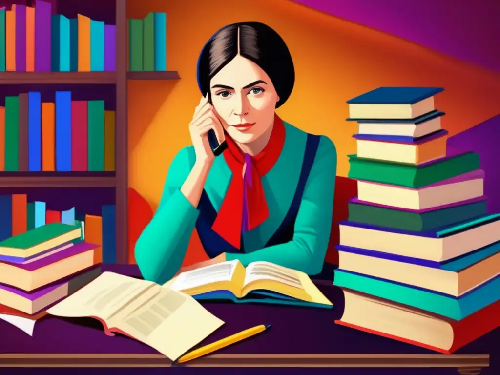 Una pintura digital ultradetallada de Emily Dickinson en su escritorio, rodeada de libros y papeles