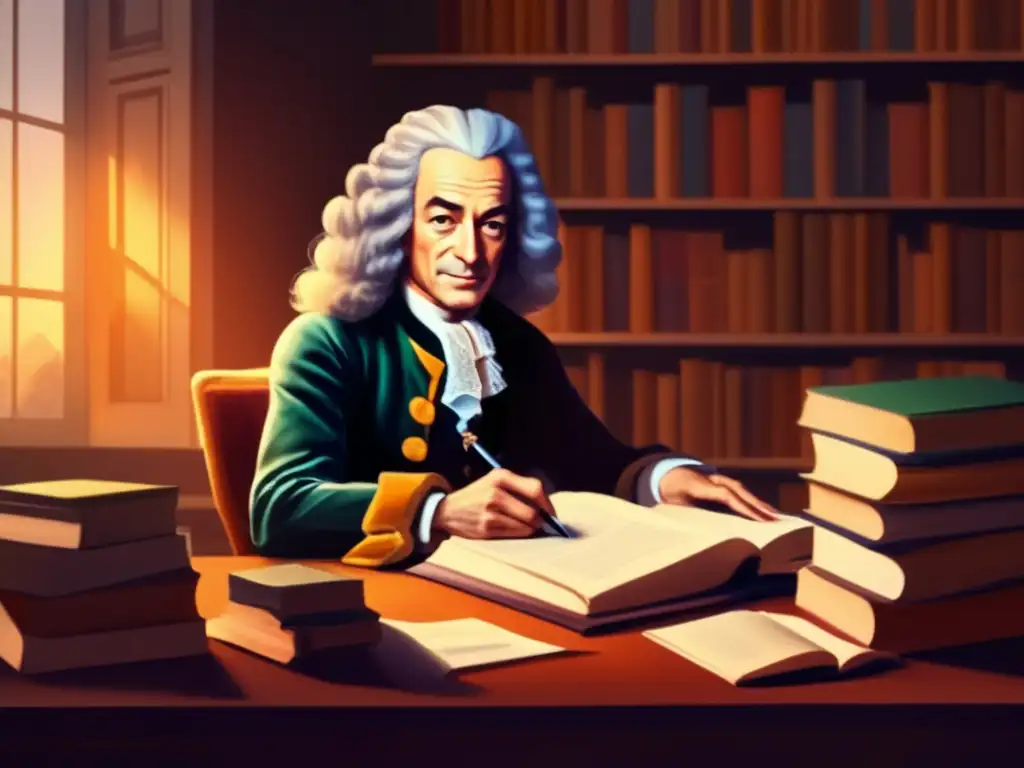 Una pintura digital de alta resolución de Voltaire escribiendo en su escritorio, rodeado de libros y papeles