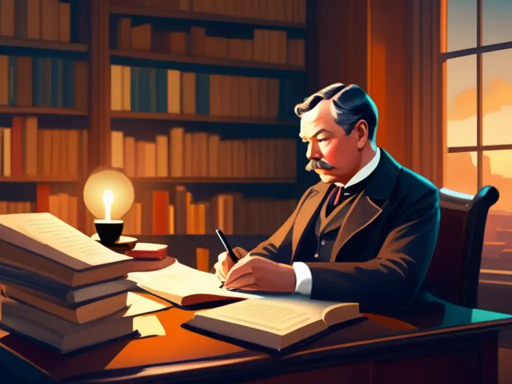 Una pintura digital de alta resolución y estilo moderno que representa a Arthur Conan Doyle sentado en su escritorio, rodeado de libros y manuscritos