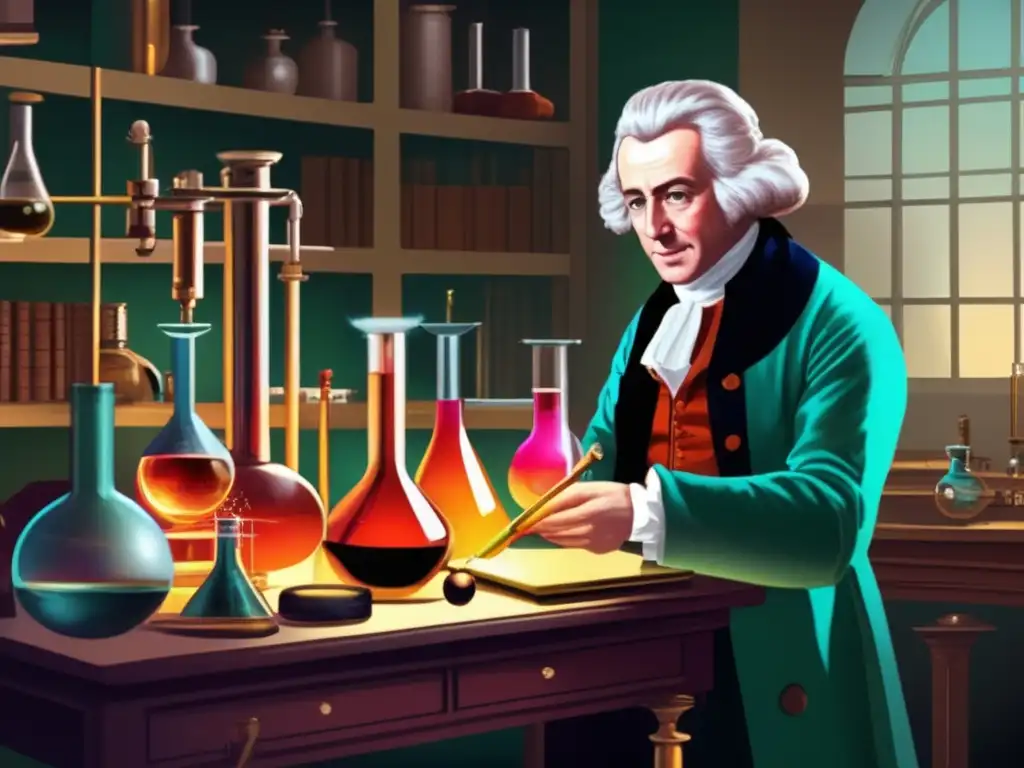 En la pintura digital de alta resolución, Joseph Priestley realiza experimentos en su laboratorio del siglo XVIII, mostrando su dedicación a la investigación científica