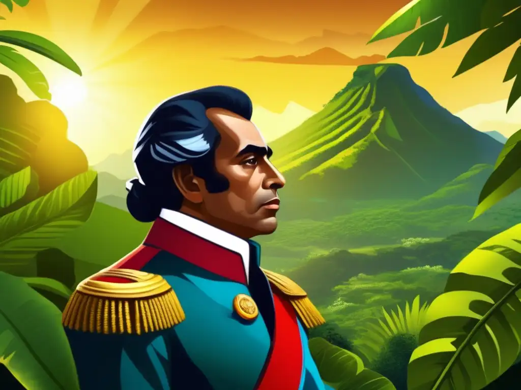 En la pintura digital, Simón Bolívar reflexiona entre exuberante vegetación y montañas, evocando la belleza natural de Sudamérica