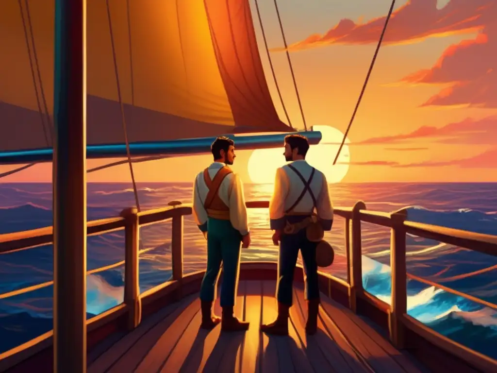 En la pintura digital, los hermanos Pinzón navegan con Colón, mostrando determinación y asombro mientras contemplan el vasto océano al atardecer