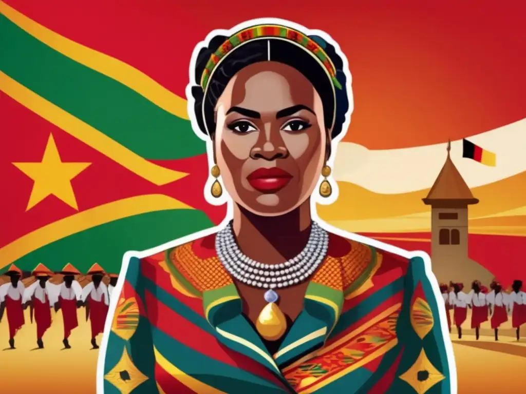 Una pintura digital impactante de Deolinda Rodríguez de Almeida, luciendo traje tradicional angoleño, con la bandera de Angola ondeando detrás