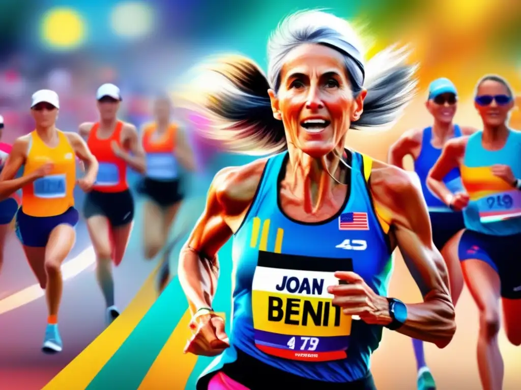Una pintura digital impresionante muestra a Joan Benoit corriendo la maratón con determinación y esperanza, capturando su biografía olímpica