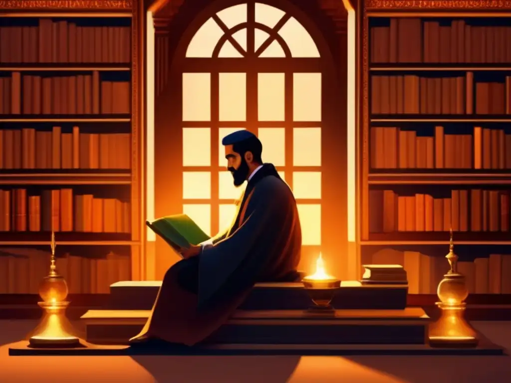 En la pintura digital de alta resolución, Al-Farabi se encuentra inmerso en profundos pensamientos en una biblioteca ornamentada, rodeado de antiguos manuscritos e instrumentos científicos