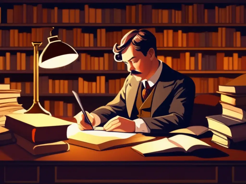 En la pintura digital, vemos a un joven Arthur Conan Doyle inmerso en su estudio, rodeado de libros, escribiendo con intensidad