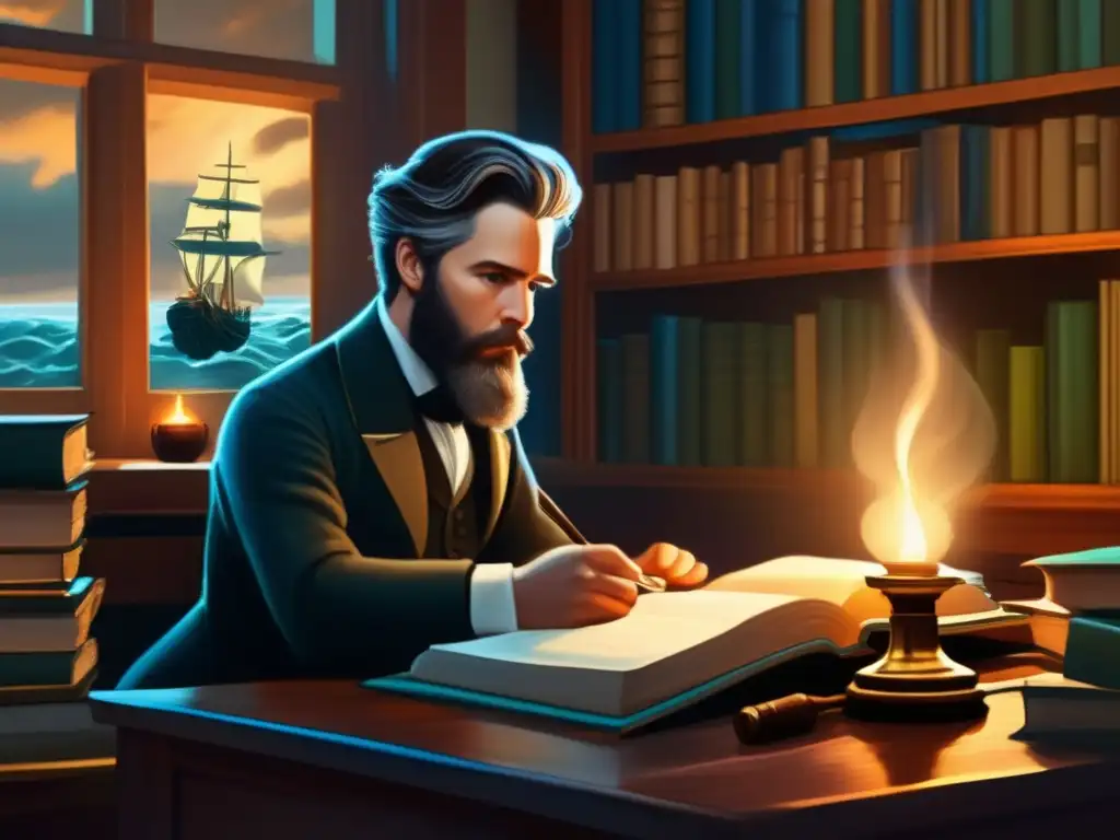 En la pintura digital de alta resolución, Herman Melville como joven está sentado en un escritorio de madera, rodeado de libros y papeles