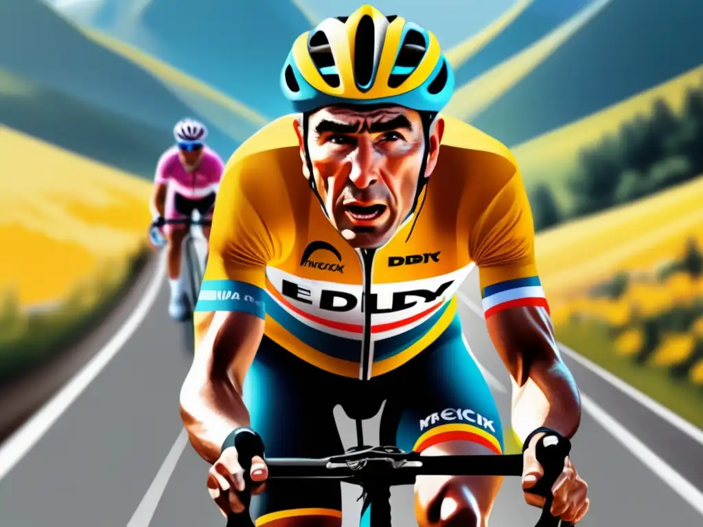 Pintura digital: Eddy Merckx en el Tour de Francia, desafiando montañas con determinación y grandeza