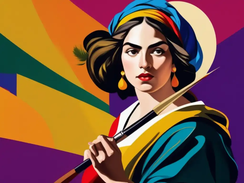 Artemisia Gentileschi biografía feminista: Pintura digital moderna de Artemisia Gentileschi, con colores vibrantes y una expresión de determinación y fuerza