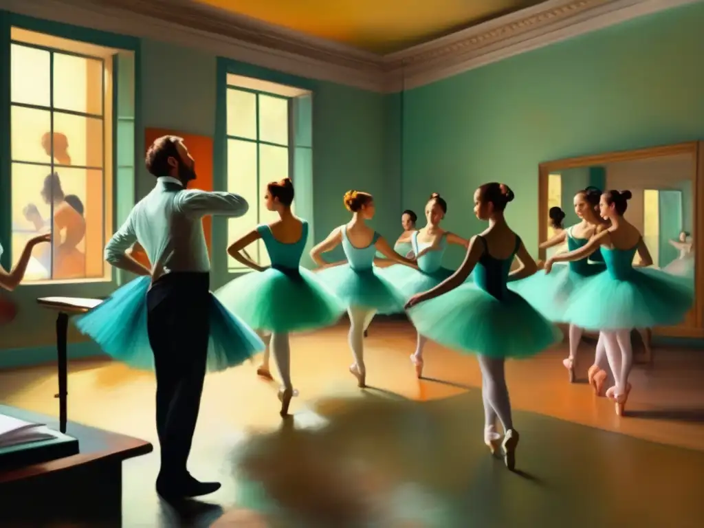 Una pintura digital moderna de Edgar Degas en su estudio, rodeado de bailarinas practicando movimientos de danza