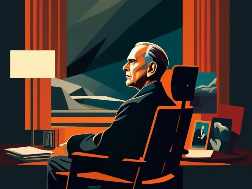 En la pintura digital moderna, Ingmar Bergman medita en una silla de director, rodeado de imágenes icónicas de sus películas