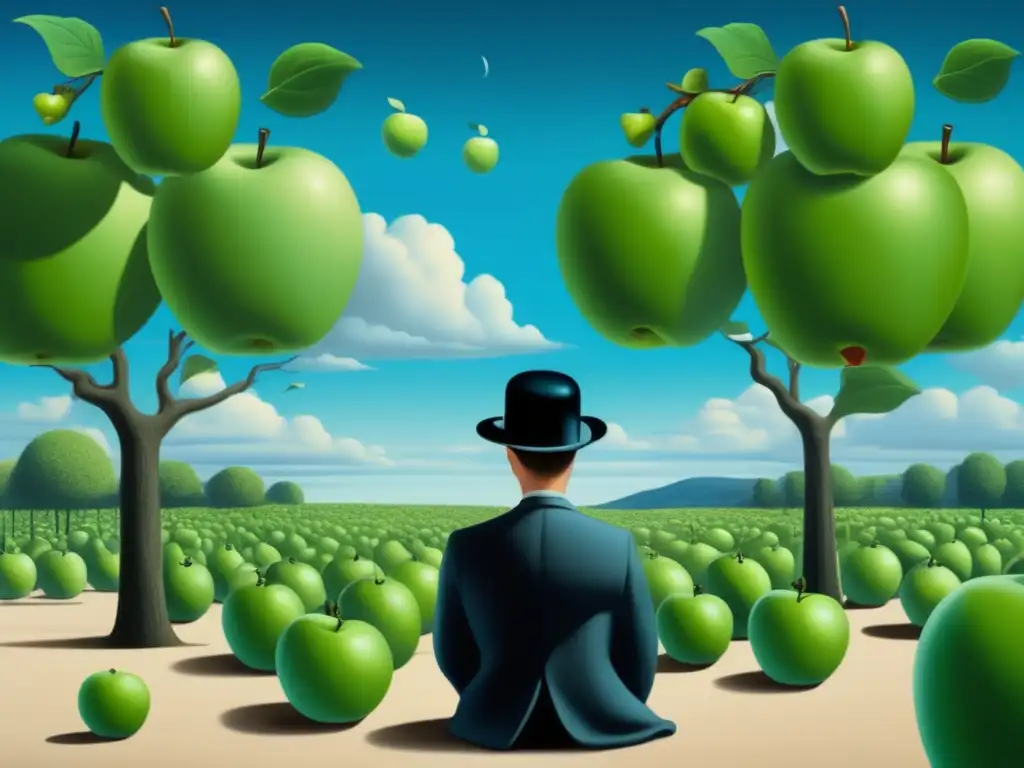 En la pintura digital, René Magritte contempla un paisaje surrealista con manzanas verdes flotantes y sombreros de copa